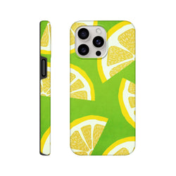 Green iPhone case featuring bold yellow lemon slice patterns. Shock-absorbing citrus fruit phone cover for iPhone 13-16.