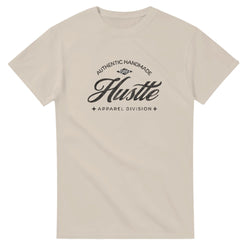 Beige Hustle men's graphic T-shirt with bold Hustle script logo on soft cotton-blend, crew-neck.