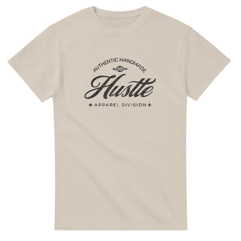 Beige Hustle men's graphic T-shirt with bold Hustle script logo on soft cotton-blend, crew-neck.