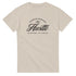 Beige Hustle men's graphic T-shirt with bold Hustle script logo on soft cotton-blend, crew-neck.