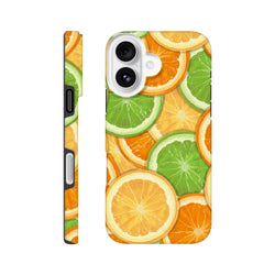 Durable iPhone case featuring a vibrant wraparound print of sliced oranges and limes, engineered with shock-absorbing TPU for models 13-16.