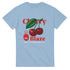 Light blue women's graphic T-shirt with cherry and flame design, red "Cherry Blaze" text, soft cotton blend.