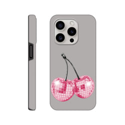 Grey iPhone case featuring pink disco ball cherry design. Tough fruit phone cover compatible with iPhone 13 through 16 models.