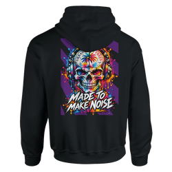 Black hoodie back print featuring a colorful retro skull wearing headphones with bold "Made to Make Noise" graffiti text.