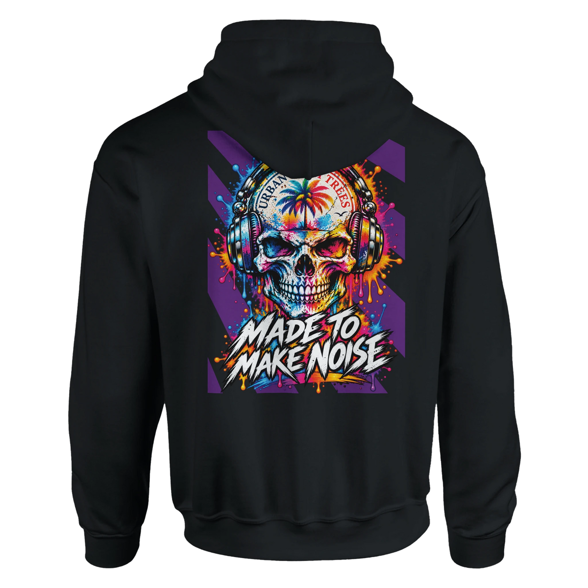 Black hoodie back print featuring a colorful retro skull wearing headphones with bold "Made to Make Noise" graffiti text.