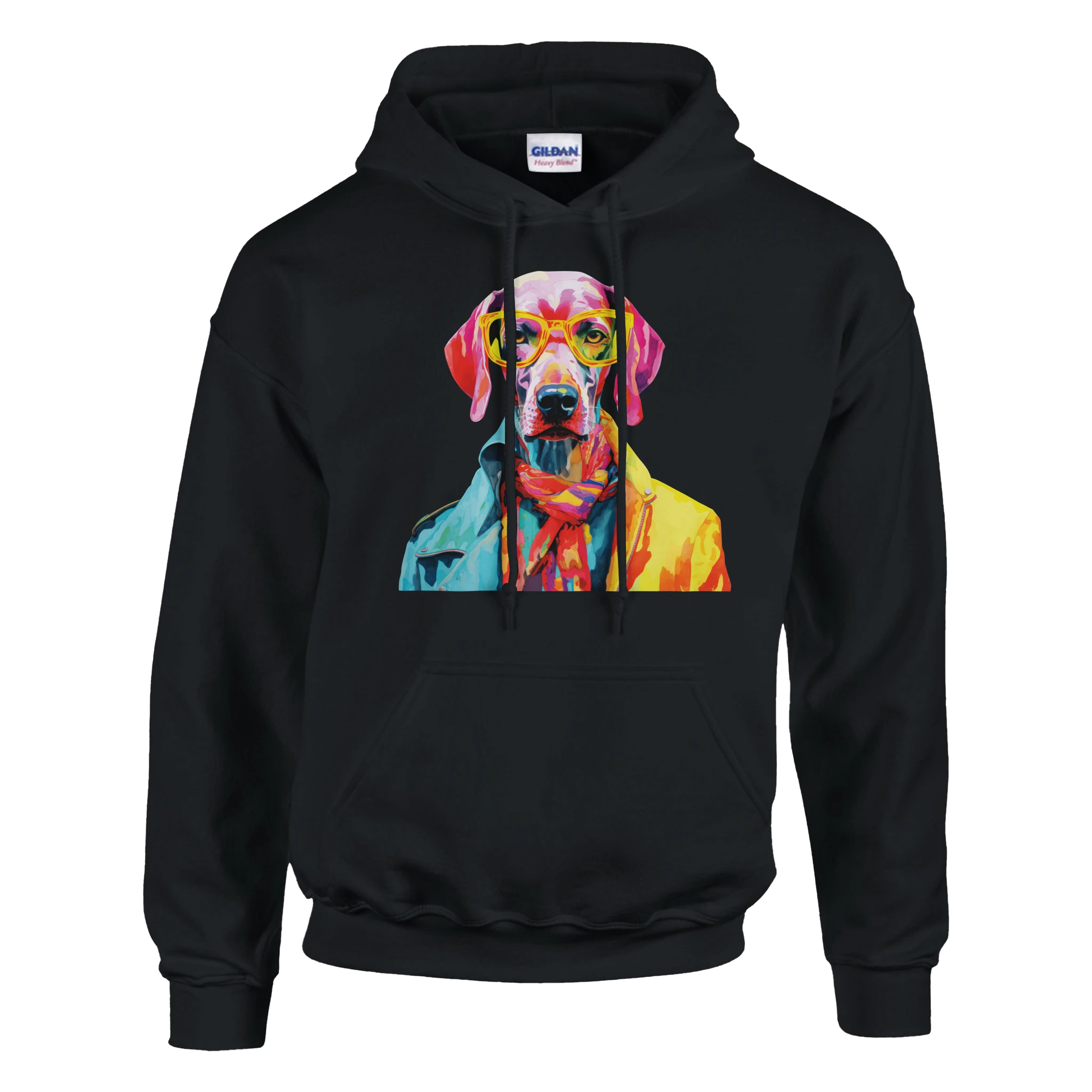Black hoodie featuring a vibrant multicolor dog portrait wearing yellow glasses on the front