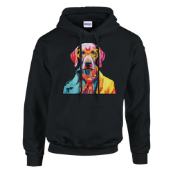 Black hoodie featuring a vibrant multicolor dog portrait wearing yellow glasses on the front