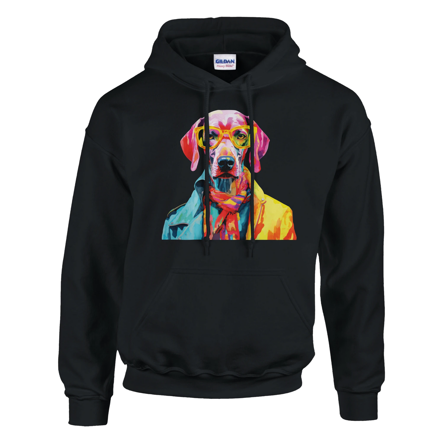Black hoodie featuring a vibrant multicolor dog portrait wearing yellow glasses on the front