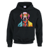 Black hoodie featuring a vibrant multicolor dog portrait wearing yellow glasses on the front