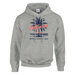 Palm Tree Women’s Hoodie, soft cotton blend, gray heather with California palm graphic. Sizes S–XL.