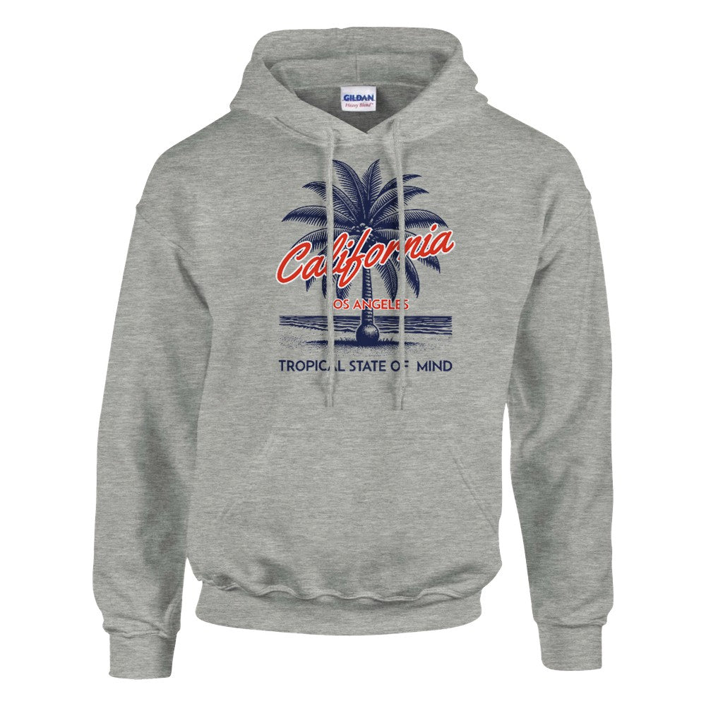 Palm Tree Women’s Hoodie, soft cotton blend, gray heather with California palm graphic. Sizes S–XL.