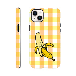 Cute iPhone case featuring a cartoon peeled banana on a yellow and white gingham checkered pattern for protective street style style.