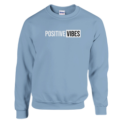 Cute Positive Vibes Sweatshirt in light blue with POSITIVE VIBES slogan and VIBES block for women.
