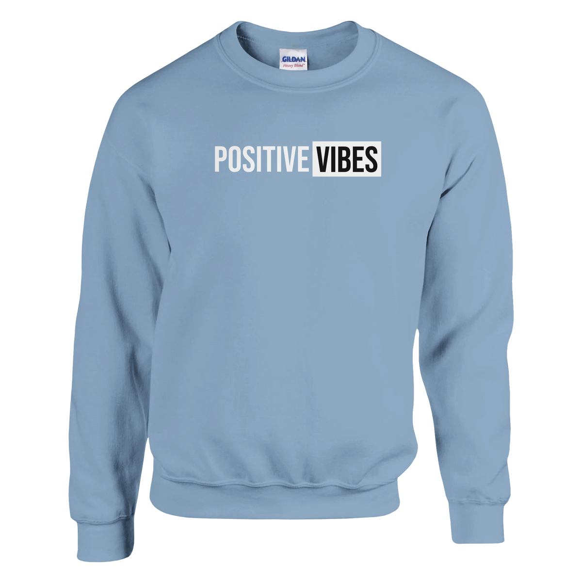 Cute Positive Vibes Sweatshirt in light blue with POSITIVE VIBES slogan and VIBES block for women.