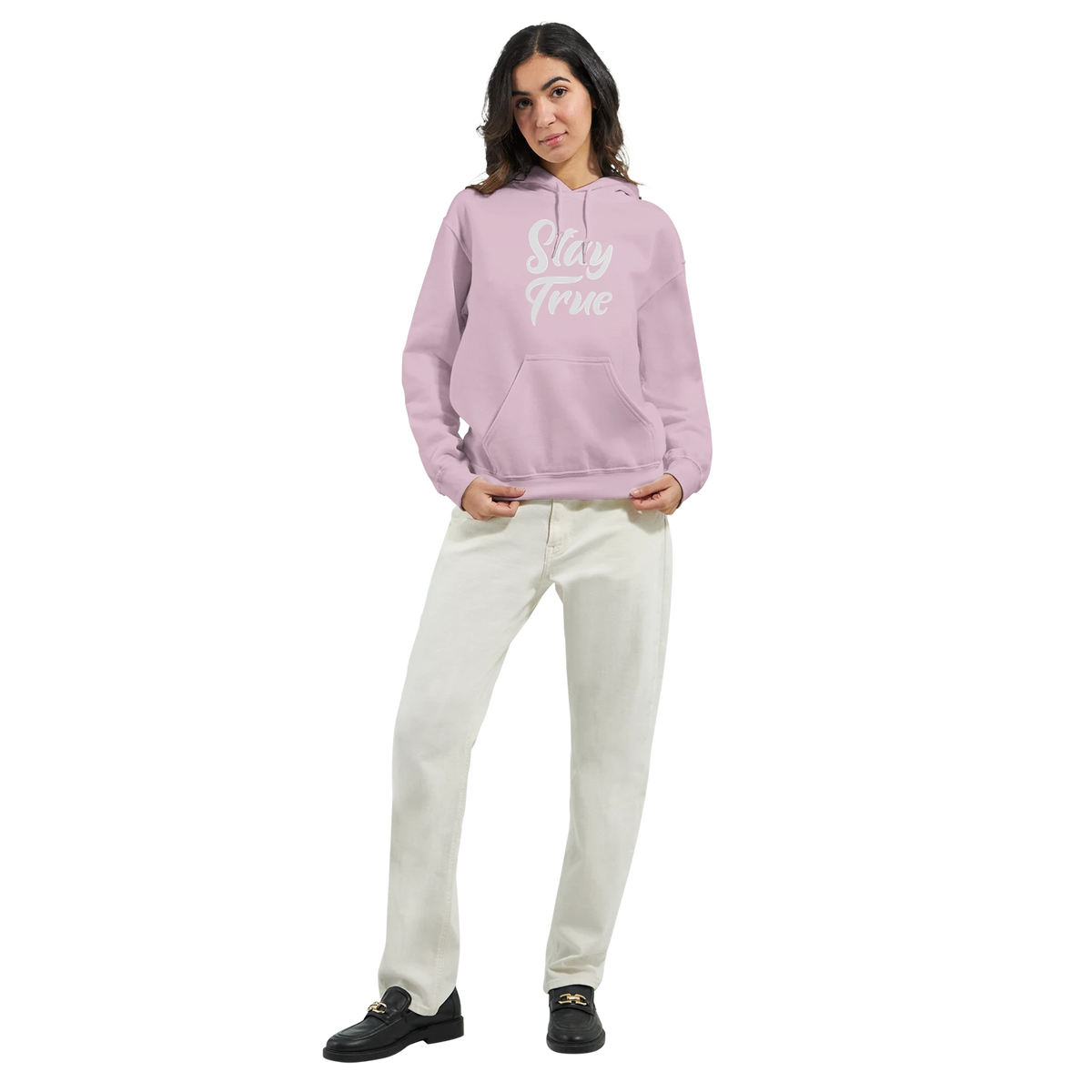 Woman wearing lavender Stay True hoodie with front pouch pocket and double-lined hood.