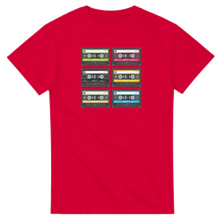 Red men's t-shirt featuring a grid of six colorful vintage cassette tapes. Retro 80s music streetwear top for audio nostalgia.