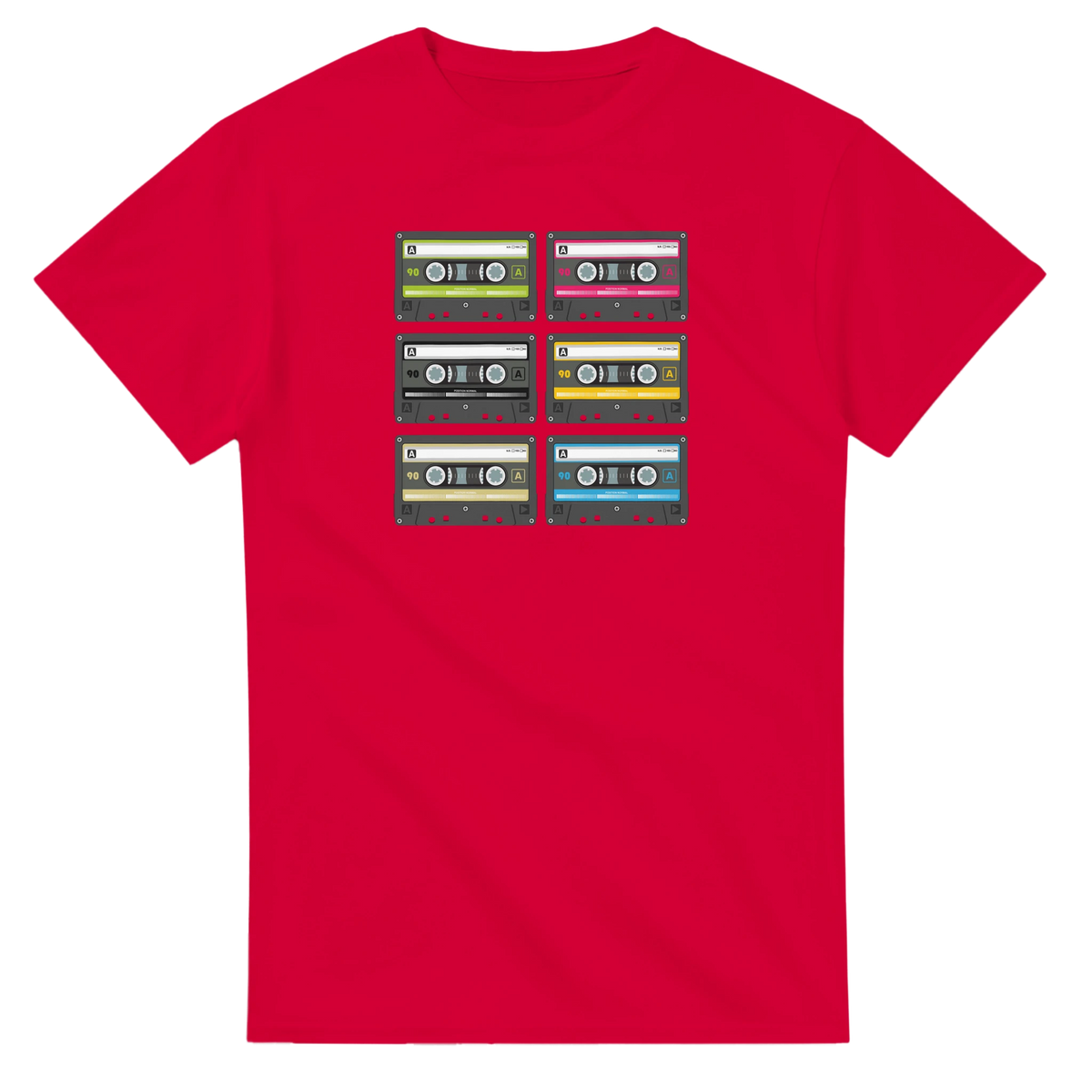 Red men's t-shirt featuring a grid of six colorful vintage cassette tapes. Retro 80s music streetwear top for audio nostalgia.
