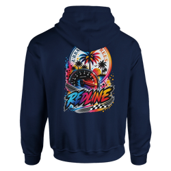 Navy men's hoodie featuring vibrant Redline graphic with tachometer, palm trees, and checkered flag for modified car culture.
