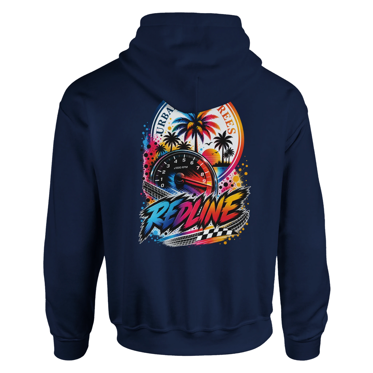 Navy men's hoodie featuring vibrant Redline graphic with tachometer, palm trees, and checkered flag for modified car culture.