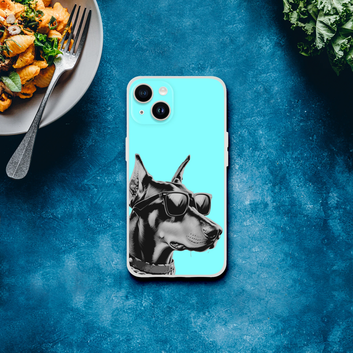 Cool Dog iPhone Case (13-16) Retro Aesthetic, turquoise, slim TPU with dog wearing sunglasses graphic