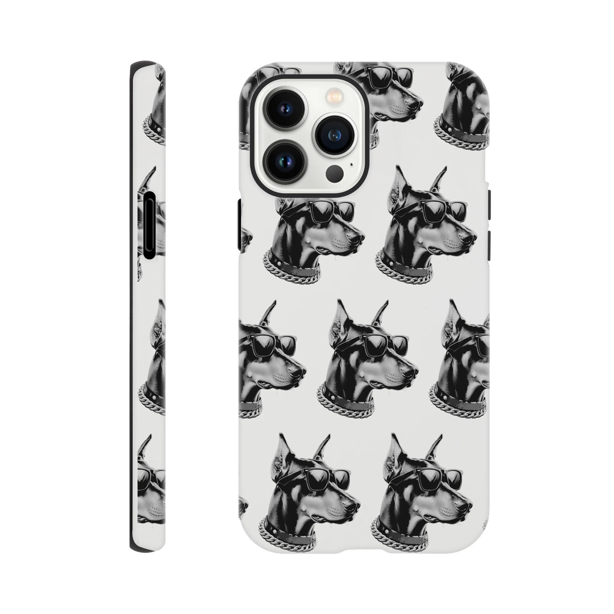 Gangster dog phone case with sunglasses and a chain collar, wraparound print for iPhone 16 15 14 13.