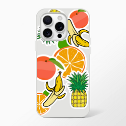 Clear iPhone case featuring bold sticker-style graphics of oranges, bananas, pineapples, and peaches for a vibrant tropical aesthetic.