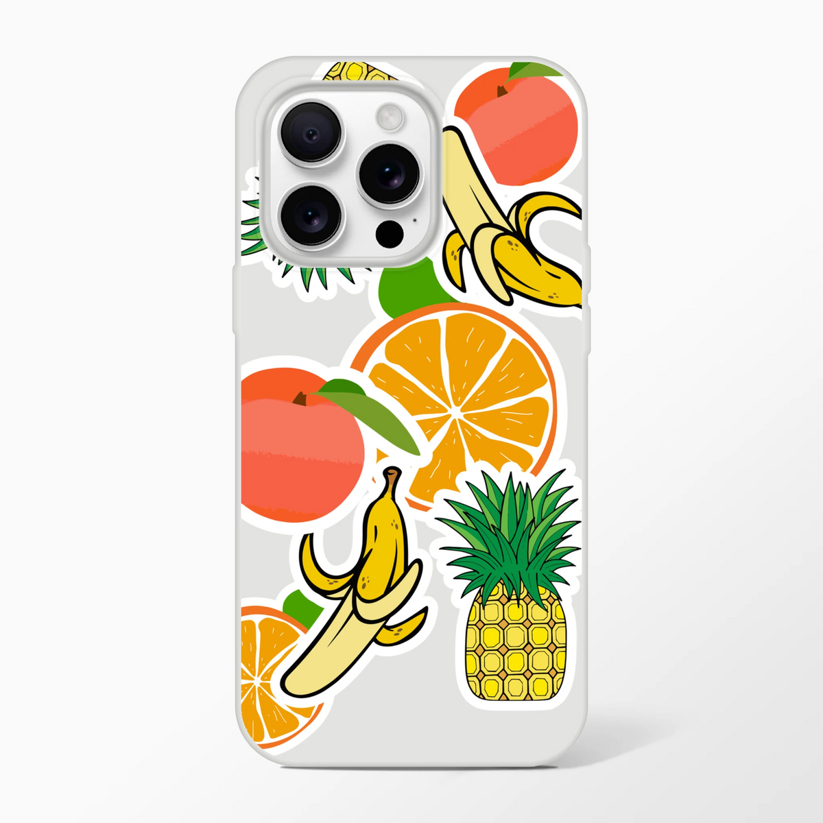 Clear iPhone case featuring bold sticker-style graphics of oranges, bananas, pineapples, and peaches for a vibrant tropical aesthetic.