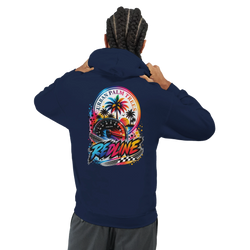 Back view of navy Redline Petrolhead hoodie featuring a colorful rpm gauge and Urban Palm Trees graphic for modified car culture.