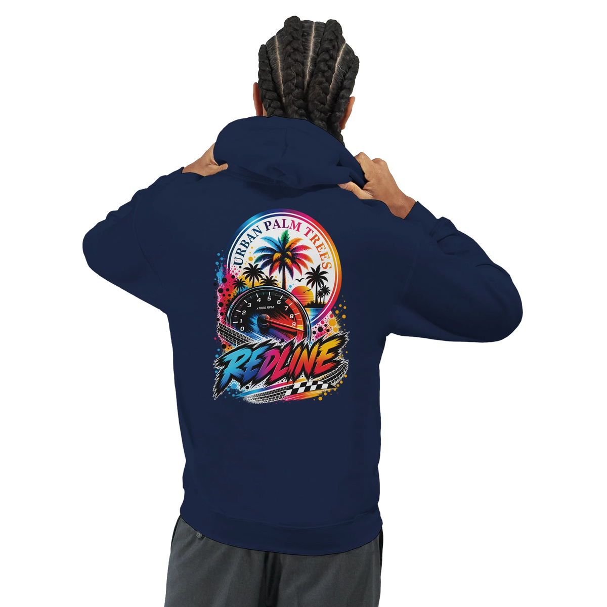 Back view of navy Redline Petrolhead hoodie featuring a colorful rpm gauge and Urban Palm Trees graphic for modified car culture.
