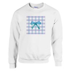 White pullover sweatshirt featuring a blue and lavender gingham square graphic with a 3D blue bow, embodying a cute coquette aesthetic.