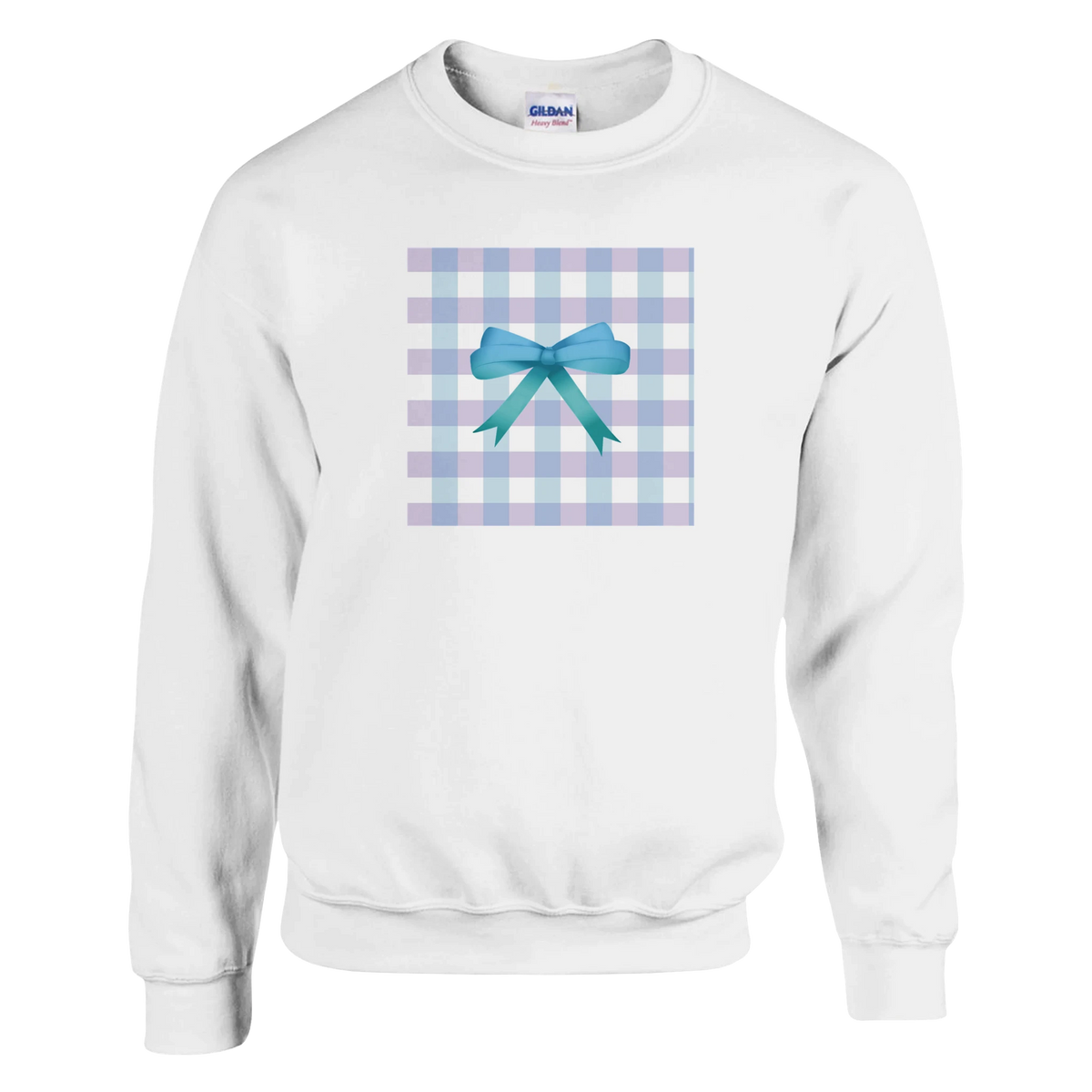 White pullover sweatshirt featuring a blue and lavender gingham square graphic with a 3D blue bow, embodying a cute coquette aesthetic.