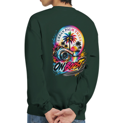 Dark green On Boost Petrolhead sweatshirt featuring colorful turbocharger, palm trees, and Urban Palm Trees graphic on the back.
