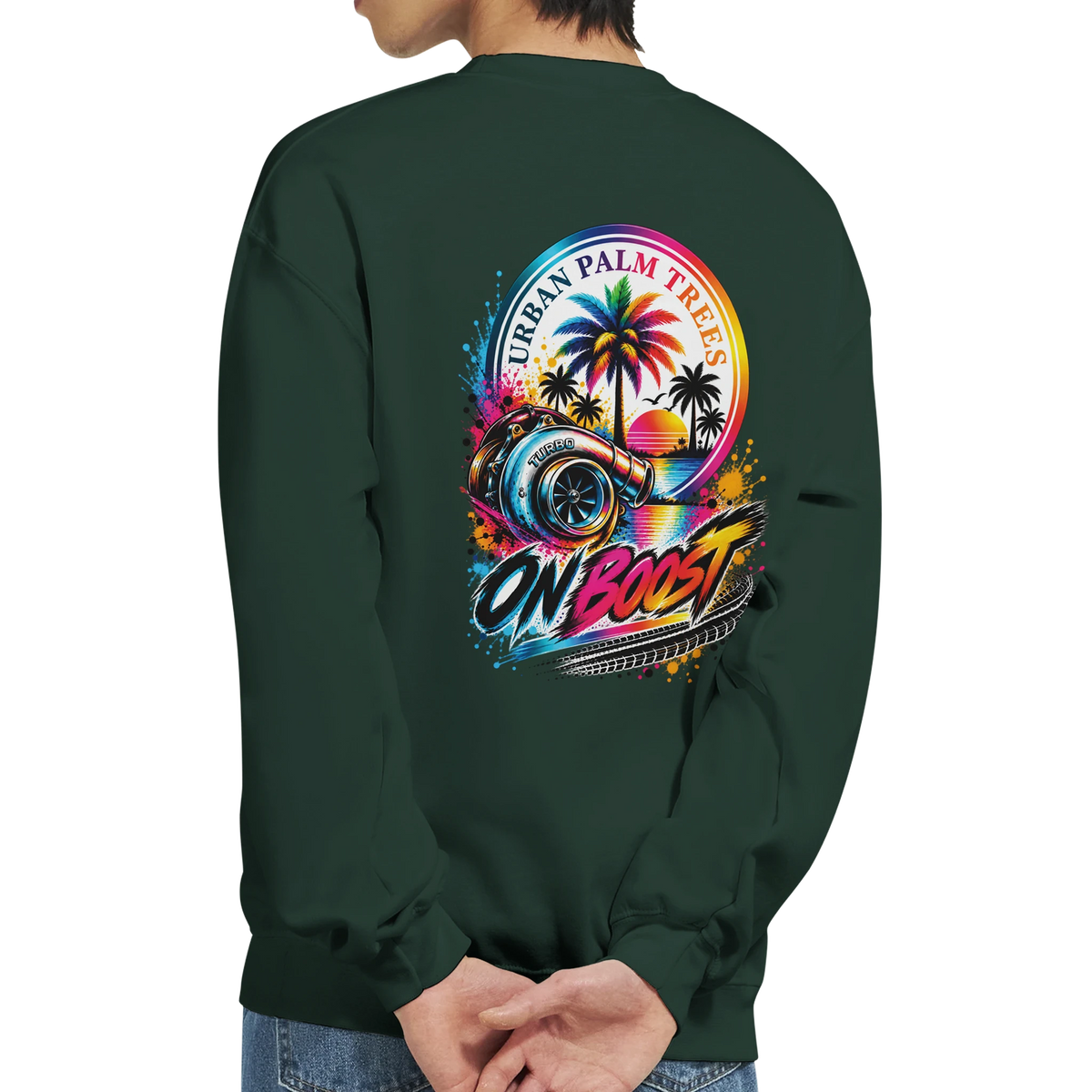 Dark green On Boost Petrolhead sweatshirt featuring colorful turbocharger, palm trees, and Urban Palm Trees graphic on the back.