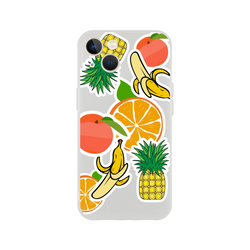 Clear iPhone case featuring vibrant tropical fruit sticker graphics including橙子, banana, and pineapple for a streetwear aesthetic.