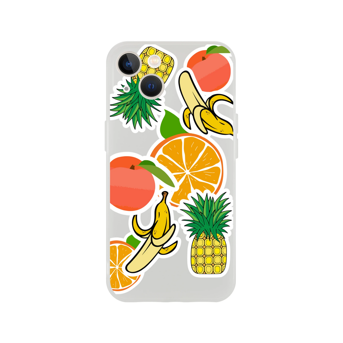Clear iPhone case featuring vibrant tropical fruit sticker graphics including橙子, banana, and pineapple for a streetwear aesthetic.