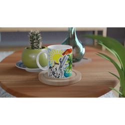 Travel Adventure Ceramic Mug featuring passport, compass and tropical designs on a wooden table with plants.