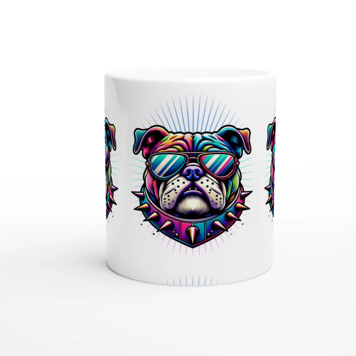 Glossy white ceramic mug featuring a colorful bulldog wearing sunglasses and a spiked collar.