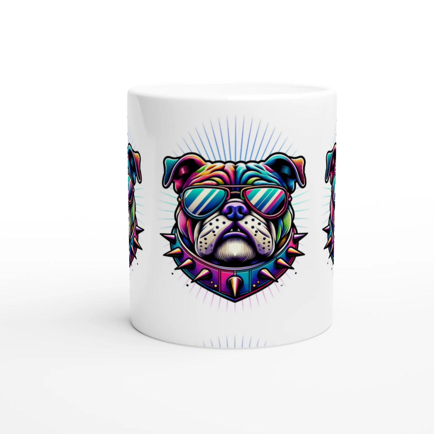Glossy white ceramic mug featuring a colorful bulldog wearing sunglasses and a spiked collar.