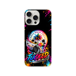 Tucked stance iPhone case featuring lowered car, colorful Urban Palm Trees sunset graphic, and vibrant paint splatter art on black background.