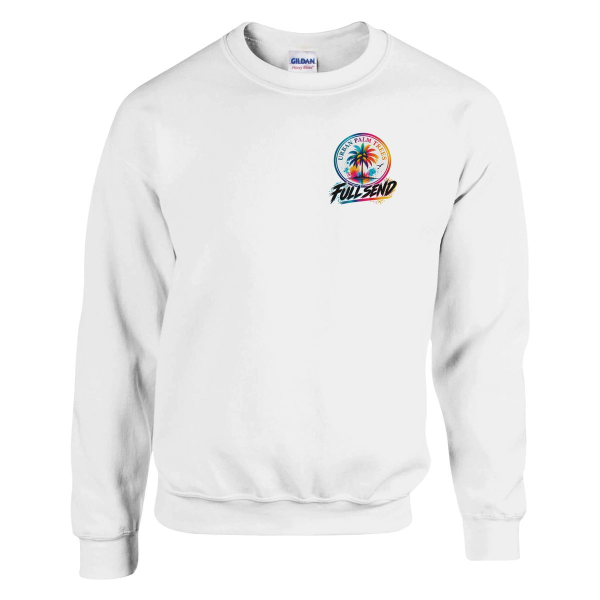 White crewneck sweatshirt featuring colorful Urban Palm Trees and Full Send circle logo on the chest.