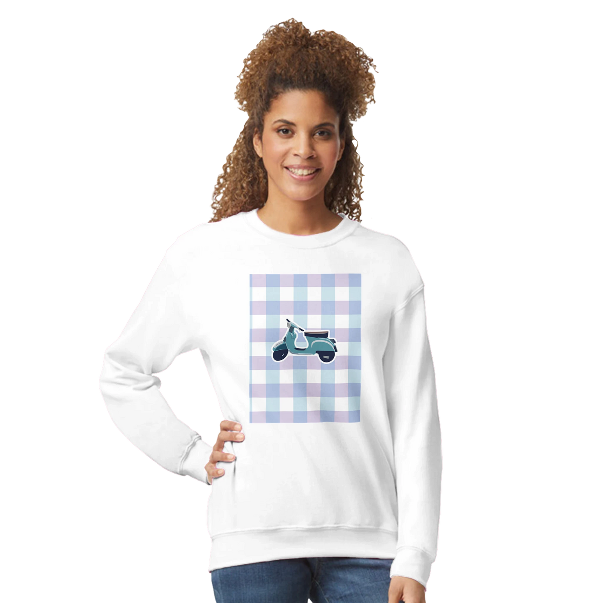 White women's sweatshirt featuring a vintage teal scooter graphic on a blue and purple gingham background.