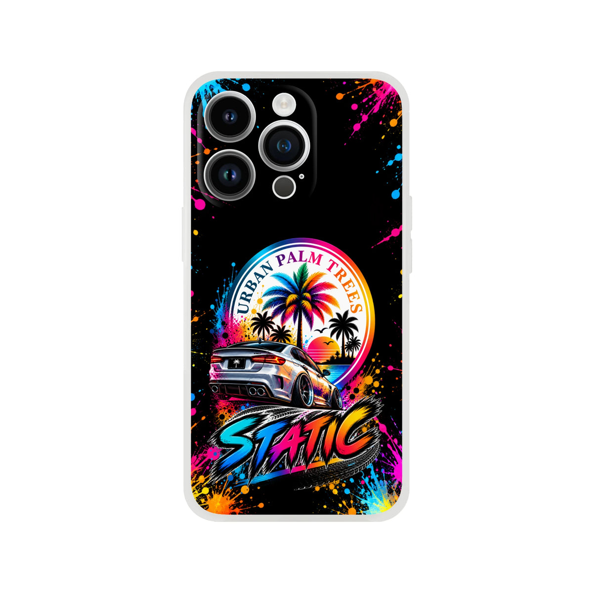 Static Slammed car culture iPhone case featuring a silver slammed car, colorful Urban Palm Trees sunset graphic, and vibrant paint splatters.