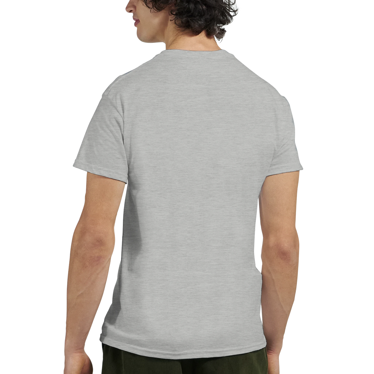 Back view of a grey men's vintage pin-up graphic t-shirt, retro Americana streetwear top for layering.