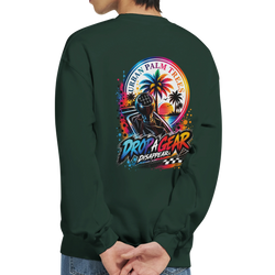 Dark green Drop A Gear petrolhead sweatshirt featuring retro manual shifter and urban palm tree graphic on the back.