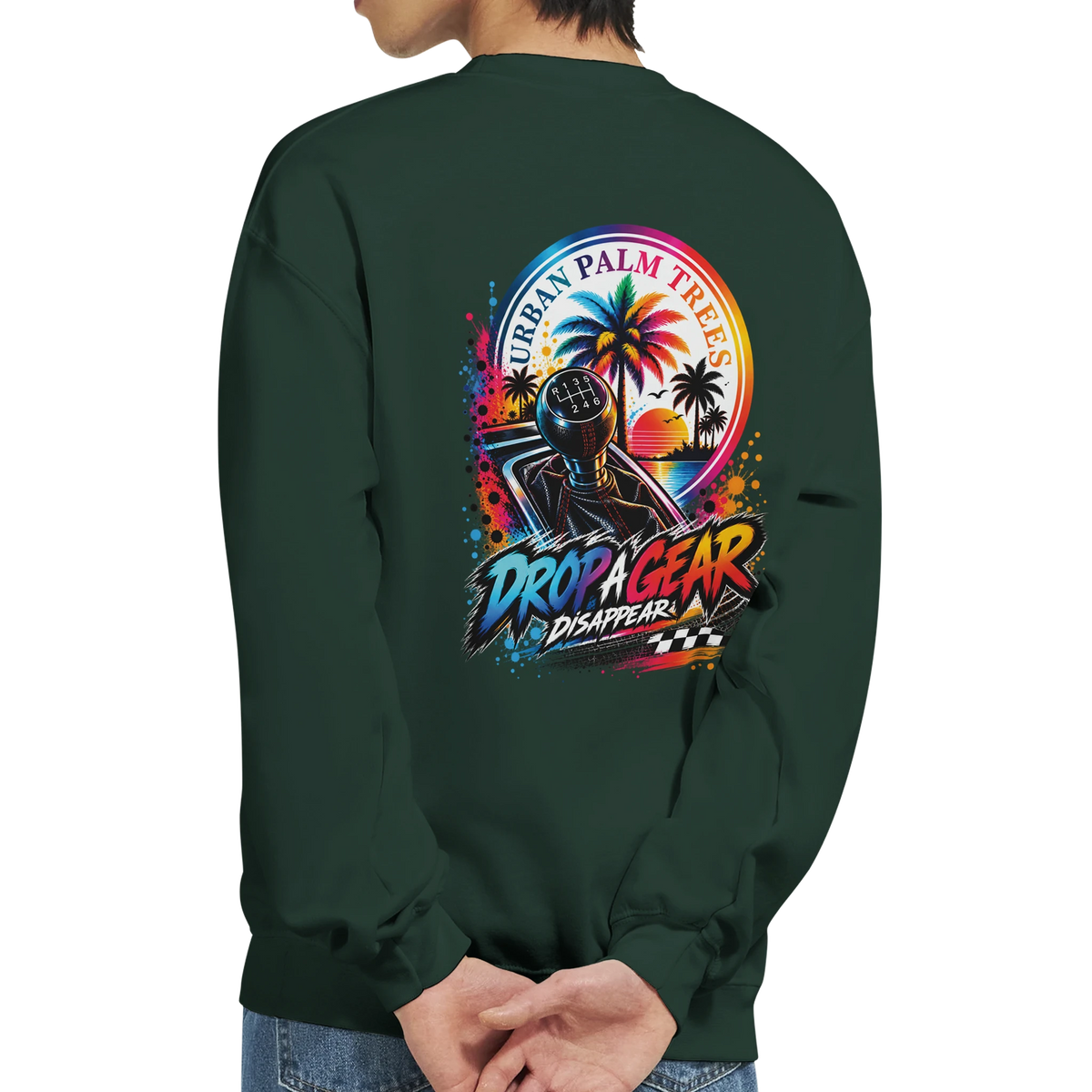 Dark green Drop A Gear petrolhead sweatshirt featuring retro manual shifter and urban palm tree graphic on the back.