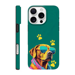 Teal tough iPhone case featuring a cool dog wearing sunglasses and yellow paw prints for shock-absorbing protection.