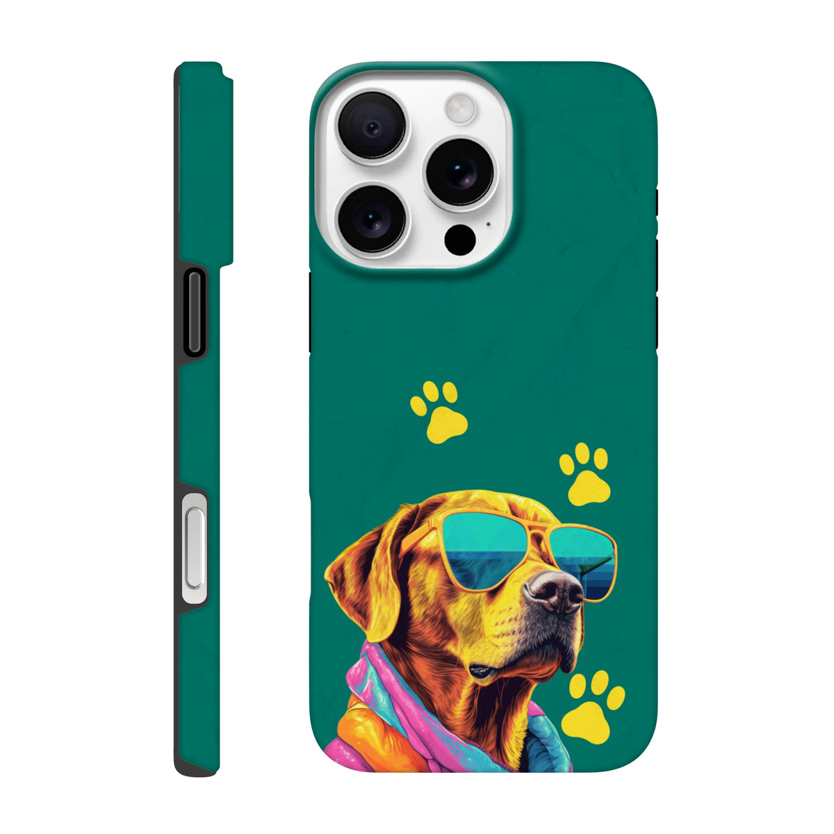 Teal tough iPhone case featuring a cool dog wearing sunglasses and yellow paw prints for shock-absorbing protection.