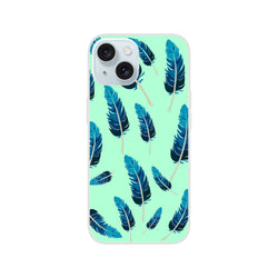 Mint-green iPhone case with blue feather motif for iPhone 13-16; matte, low-profile shell.