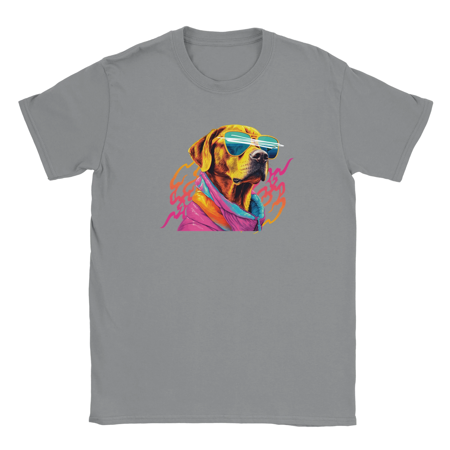 Gray men's graphic tee featuring a neon dog wearing sunglasses and a colorful scarf.