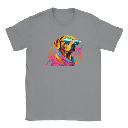 Gray men's graphic tee featuring a neon dog wearing sunglasses and a colorful scarf.